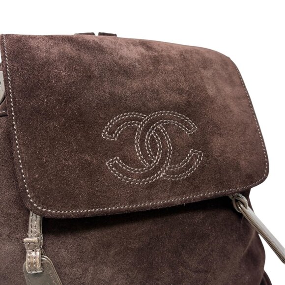 CHANEL Vintage CC Logo Suede Drawstring Flap Backpack Bag Stitch Brown [106223] - Picture 10 of 15